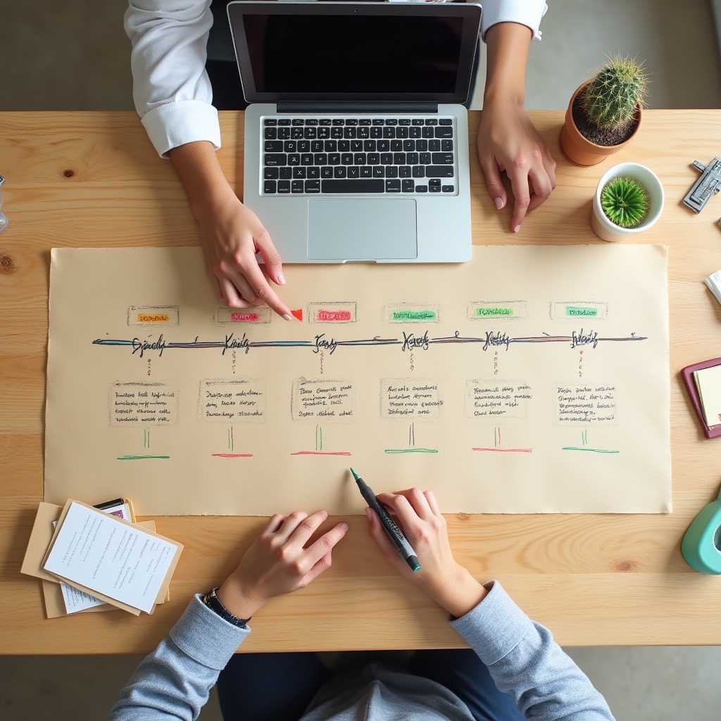 Pianificazione strategica con timeline su carta, pennarelli colorati e laptop aperto su scrivania professionale