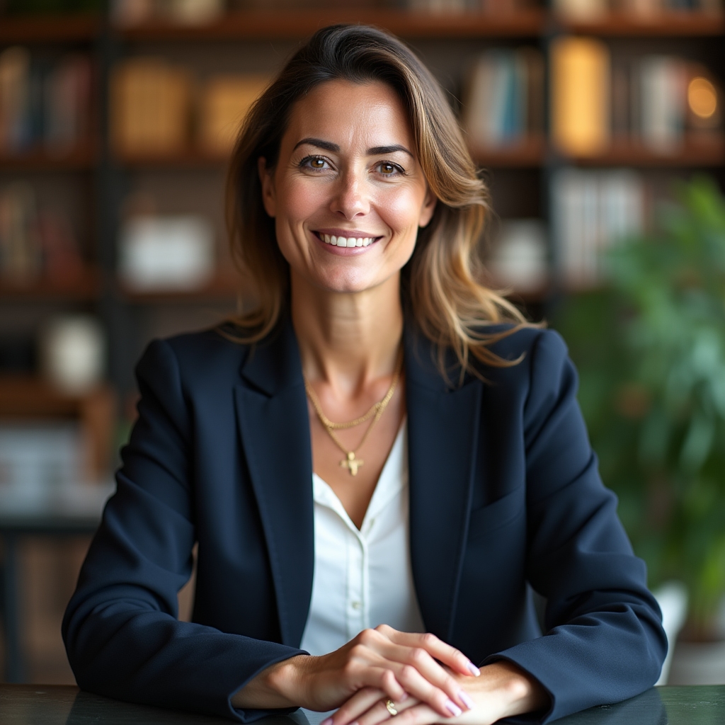 Coach professionista femminile in ambiente di lavoro moderno, sorridente e professionale