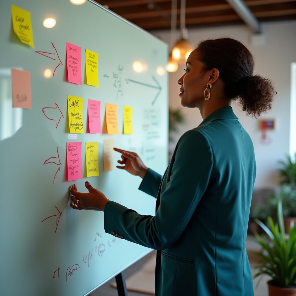 Coach che lavora su una pianificazione strategica con lavagna e post-it colorati