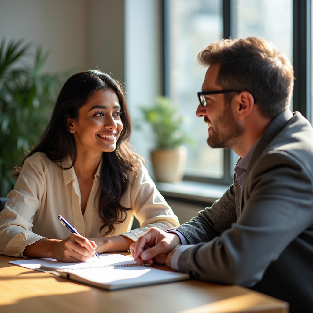 Sessione di coaching professionale con coach e cliente in conversazione