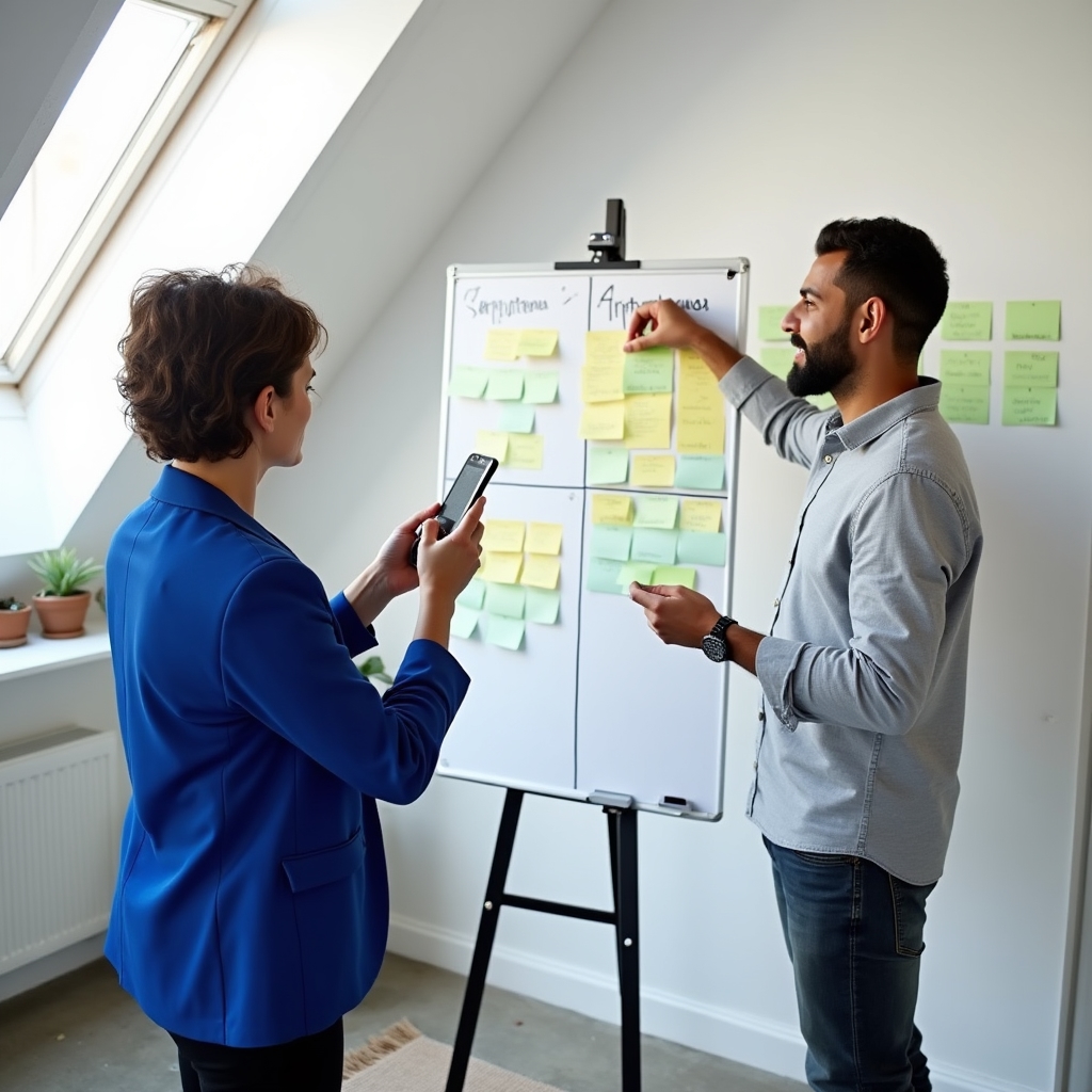 Workshop di definizione obiettivi con post-it e lavagna in coworking moderno, luce naturale
