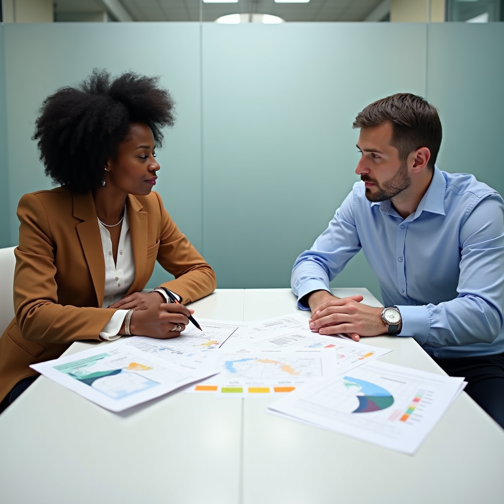 Sessione di coaching individuale al tavolo, coach e cliente con documenti e taccuini, ambiente professionale