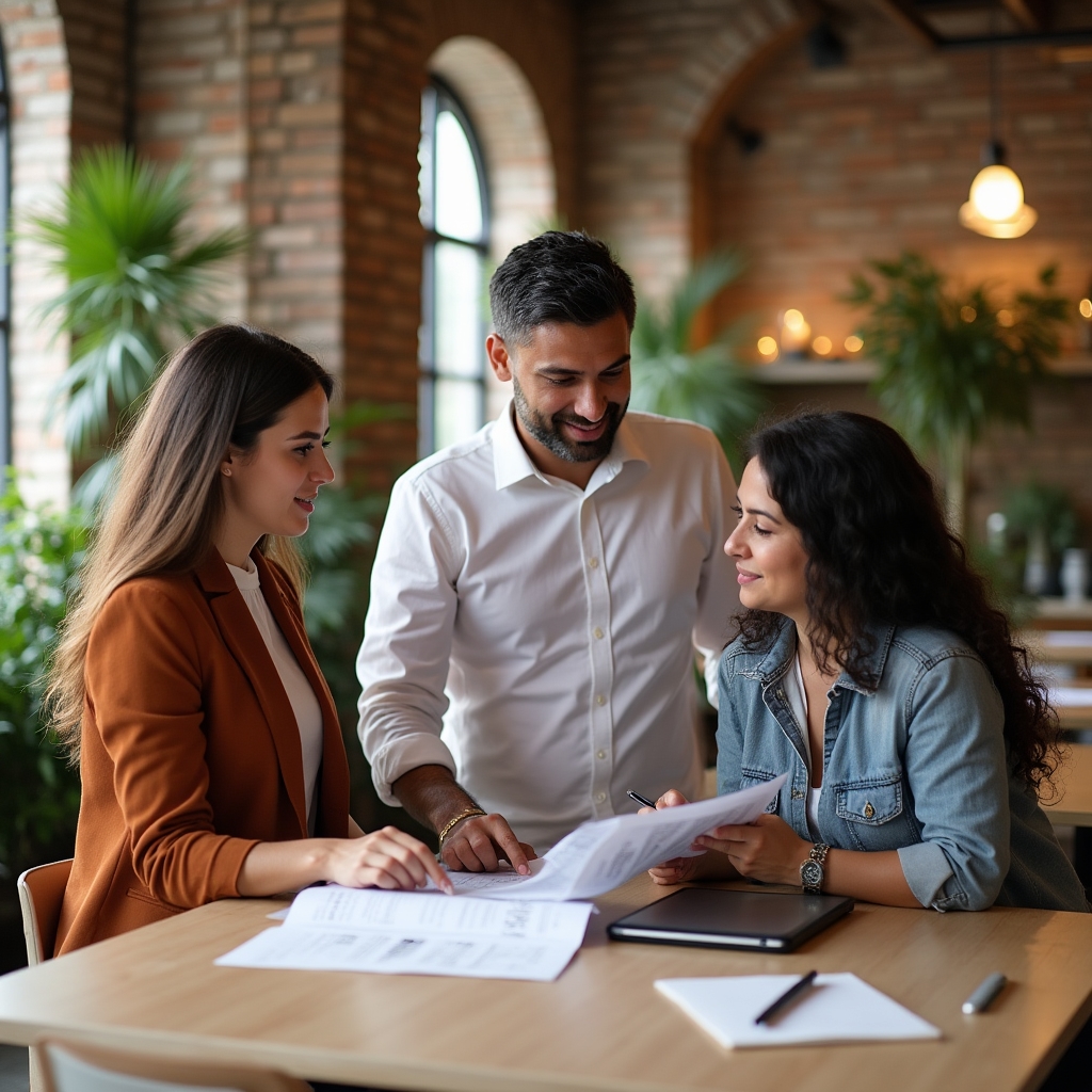 Team di coaching in riunione collaborativa in ufficio moderno con luce naturale